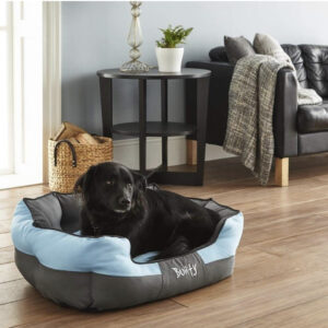 bunny water resistant, wipeable dog bed, rubber gripped bottom as non slip 